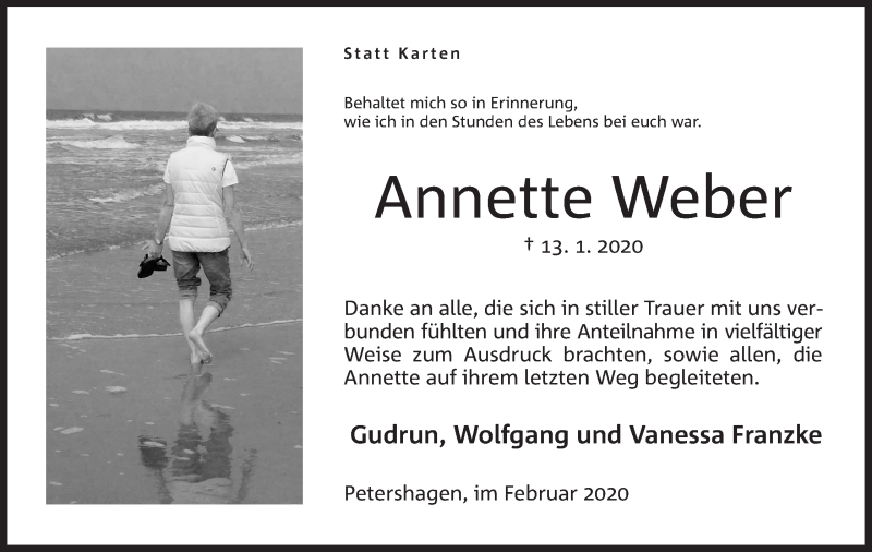 Traueranzeige für Annette Weber vom 29.02.2020 aus Mindener Tageblatt