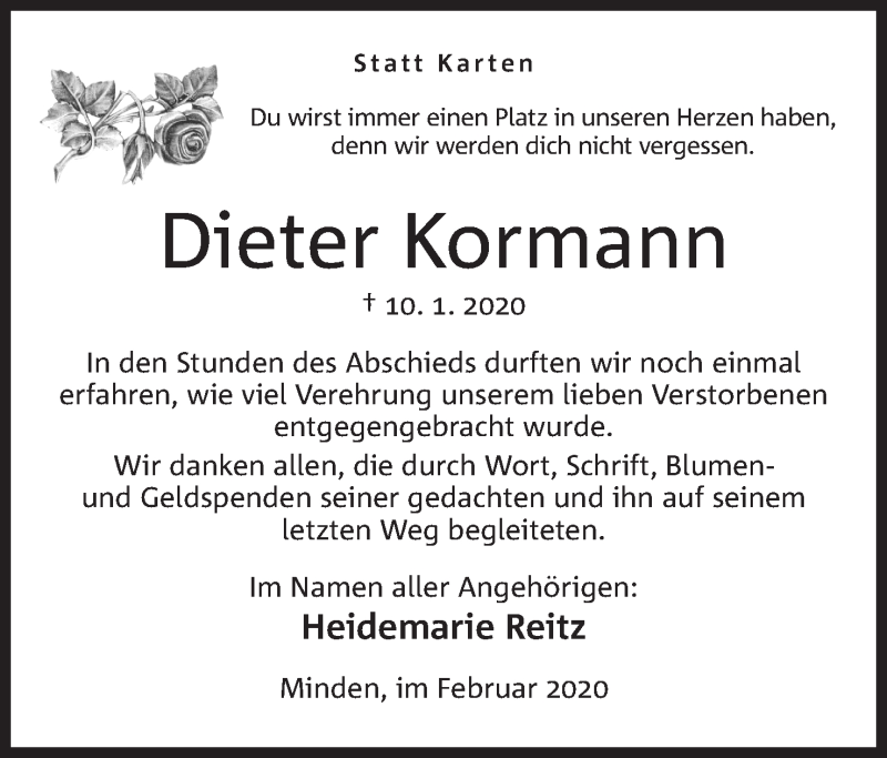  Traueranzeige für Dieter Kormann vom 22.02.2020 aus Mindener Tageblatt