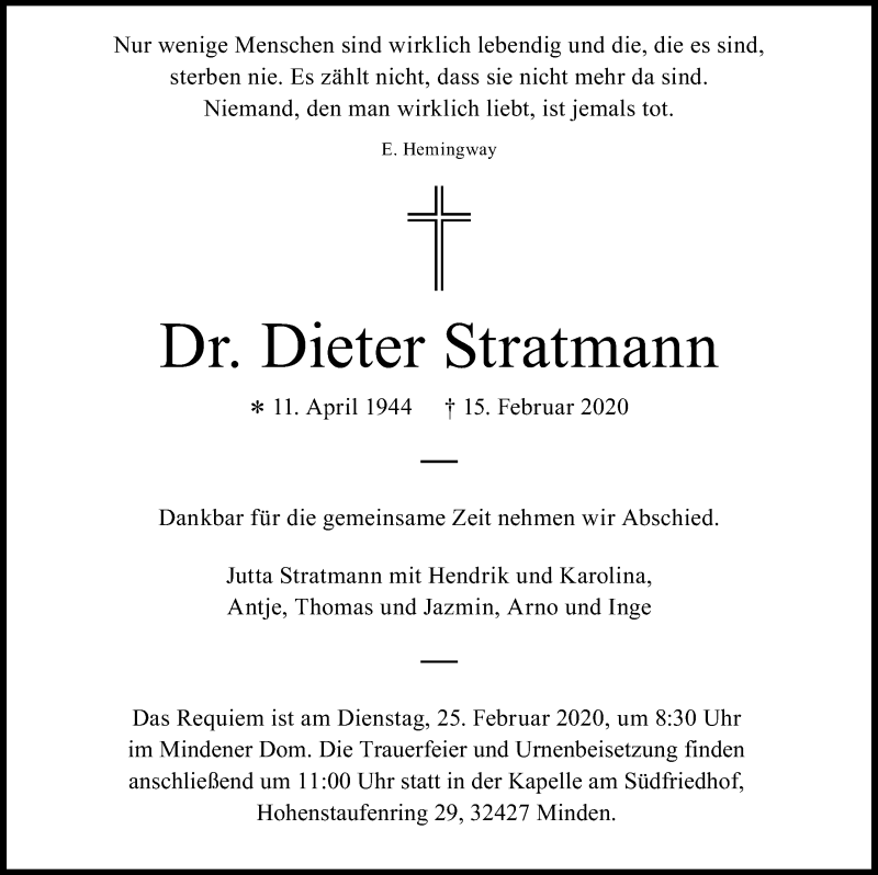  Traueranzeige für Dieter Stratmann vom 20.02.2020 aus Mindener Tageblatt