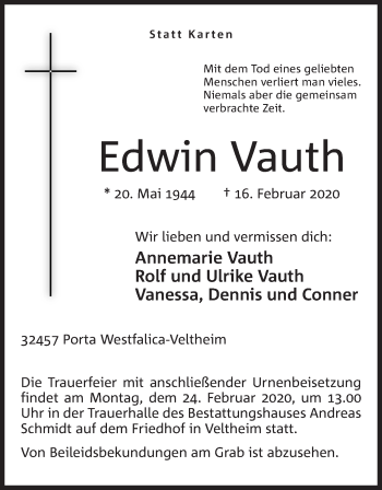 Anzeige von Edwin Vauth von Mindener Tageblatt