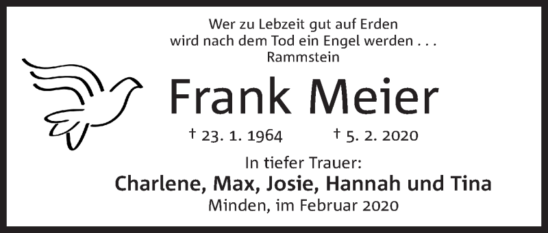  Traueranzeige für Frank Meier vom 15.02.2020 aus Mindener Tageblatt