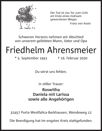 Anzeige von Friedhelm Ahrensmeier von Mindener Tageblatt