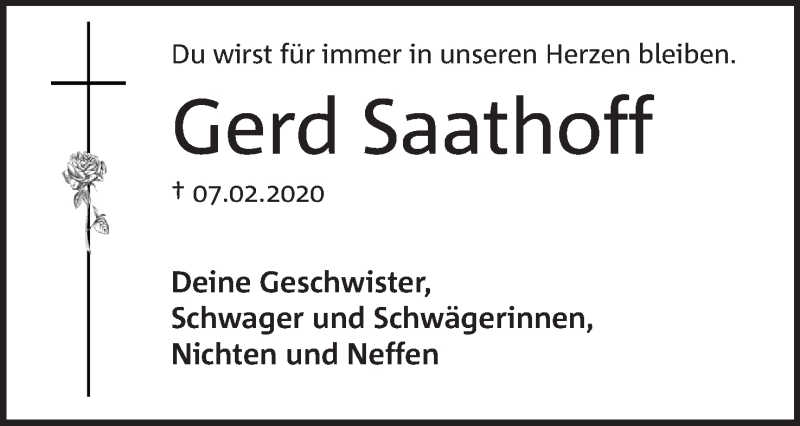  Traueranzeige für Gerd Saathoff vom 15.02.2020 aus Mindener Tageblatt