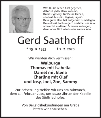 Anzeige von Gerd Saathoff von Mindener Tageblatt
