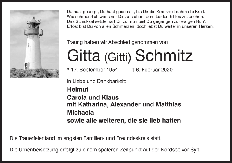  Traueranzeige für Gitta Schmitz vom 15.02.2020 aus Mindener Tageblatt