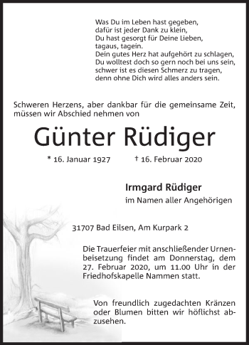 Anzeige von Günter Rüdiger von Mindener Tageblatt