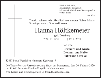 Anzeige von Hanna Höltkemeier von Mindener Tageblatt