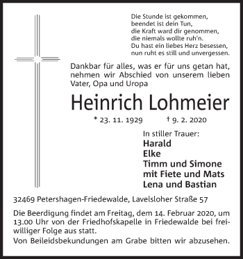 Anzeige von Heinrich Lohmeier von Mindener Tageblatt