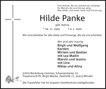 Anzeige von Hilde Panke von Mindener Tageblatt