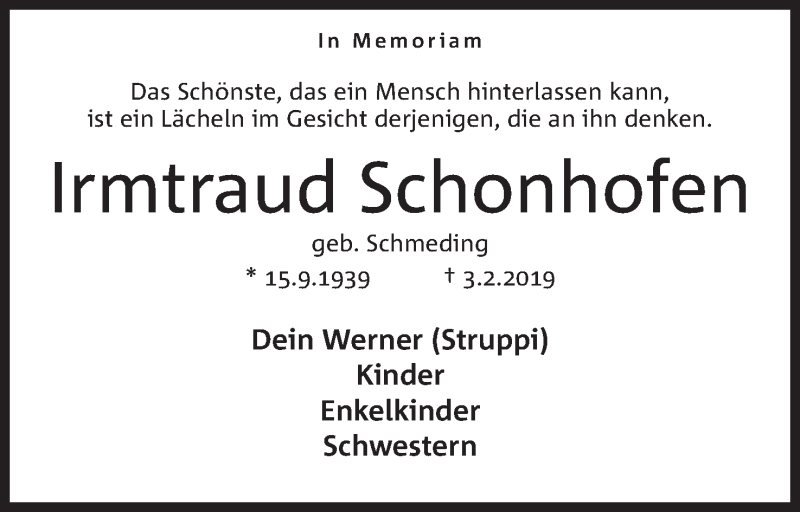  Traueranzeige für Irmtraud Schonhofen vom 03.02.2020 aus Mindener Tageblatt