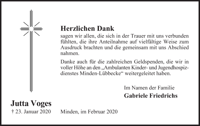  Traueranzeige für Jutta Voges vom 29.02.2020 aus Mindener Tageblatt