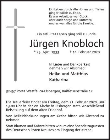 Anzeige von Jürgen Knobloch von Mindener Tageblatt
