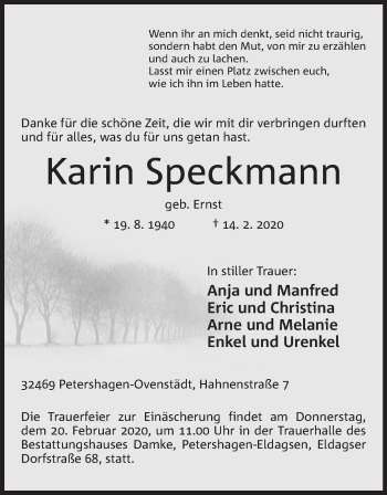 Anzeige von Karin Speckmann von Mindener Tageblatt
