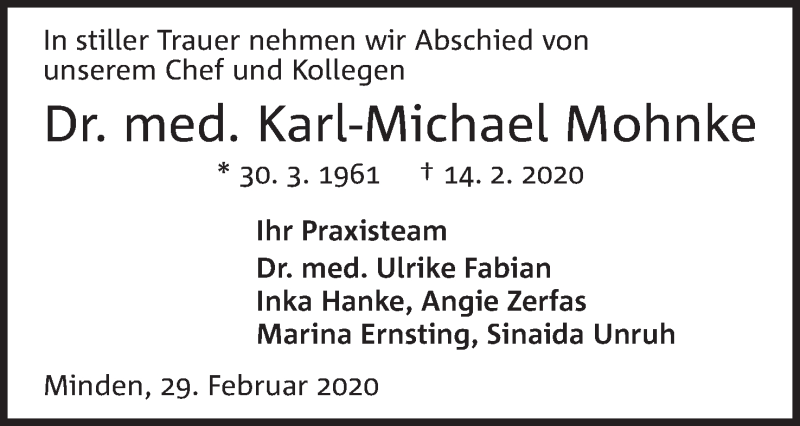  Traueranzeige für Karl-Michael Mohnke vom 29.02.2020 aus Mindener Tageblatt