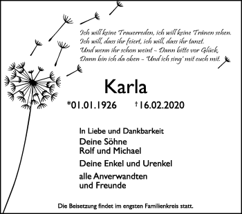 Anzeige von Karla  von Mindener Tageblatt