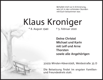 Anzeige von Klaus Kroniger von Mindener Tageblatt