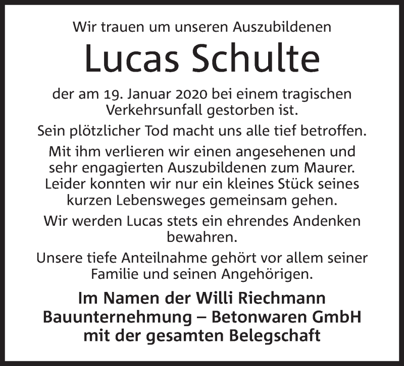  Traueranzeige für Lucas Schulte vom 01.02.2020 aus Mindener Tageblatt