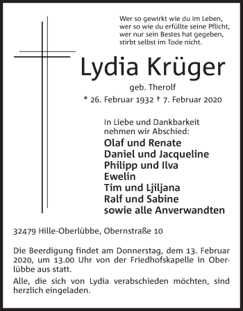 Anzeige von Lydia Krüger von Mindener Tageblatt