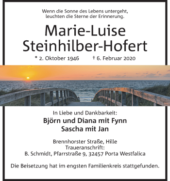 Anzeige von Marie-Luise Steinhilber-Hofert von Mindener Tageblatt