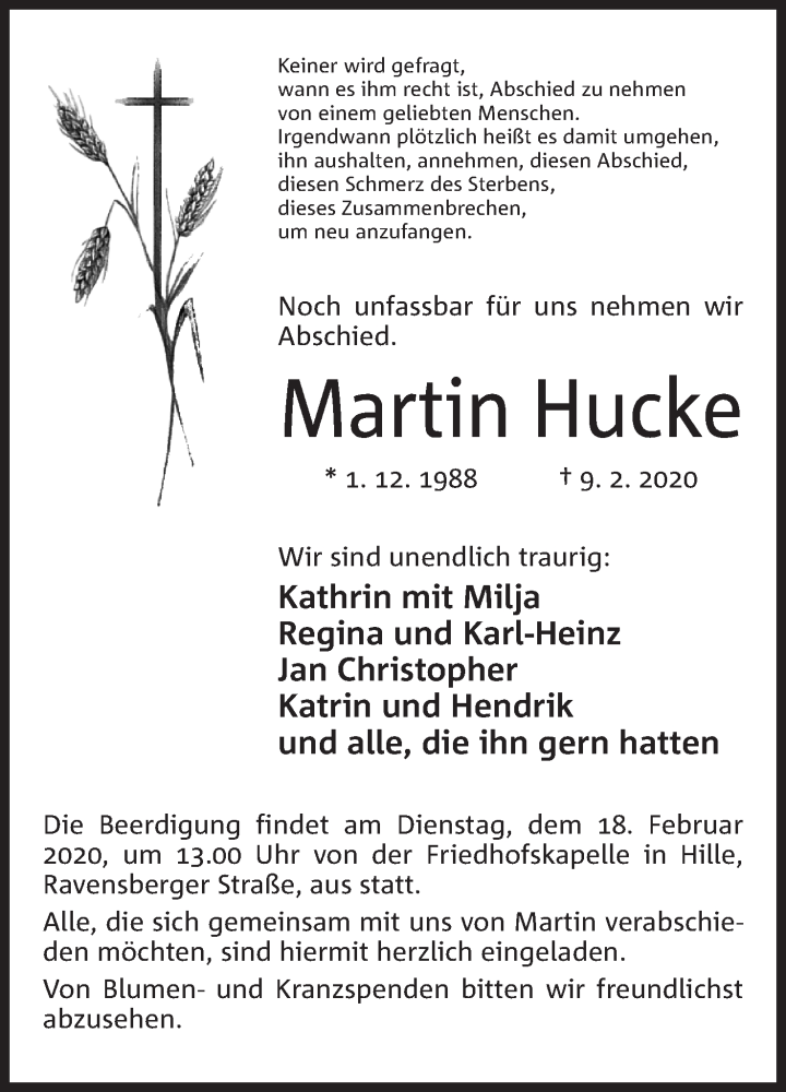  Traueranzeige für Martin Hucke vom 15.02.2020 aus Mindener Tageblatt