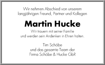 Anzeige von Martin Hucke von Mindener Tageblatt
