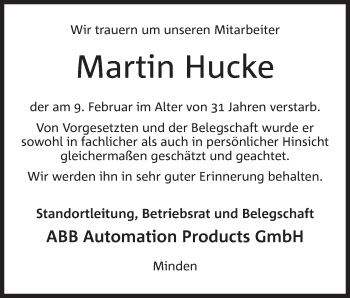 Anzeige von Martin Hucke von Mindener Tageblatt