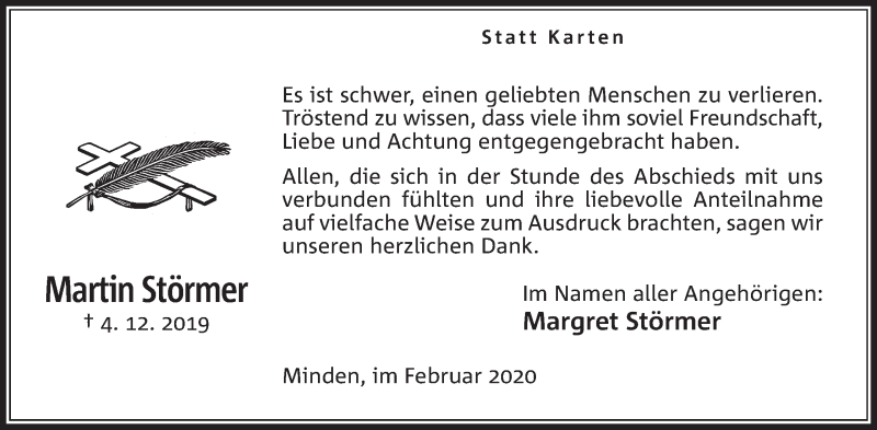  Traueranzeige für Martin Störmer vom 01.02.2020 aus Mindener Tageblatt