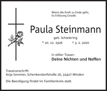 Anzeige von Paula Steinmann von Mindener Tageblatt