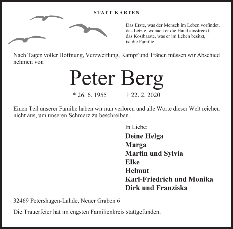  Traueranzeige für Peter Berg vom 29.02.2020 aus Mindener Tageblatt