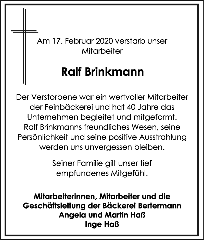  Traueranzeige für Ralf Brinkmann vom 22.02.2020 aus Mindener Tageblatt