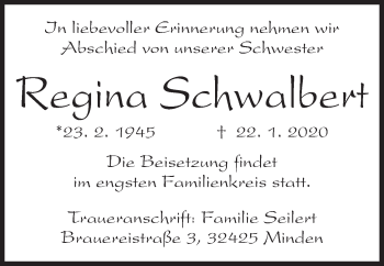 Anzeige von Regina Schwalbert von Mindener Tageblatt