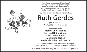 Anzeige von Ruth Gerdes von Mindener Tageblatt