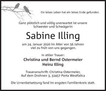 Anzeige von Sabine Illing von Mindener Tageblatt