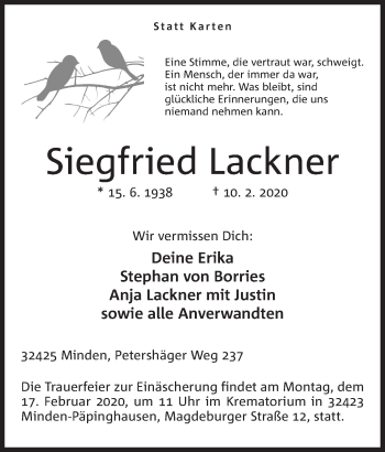 Anzeige von Siegfried Lackner von Mindener Tageblatt