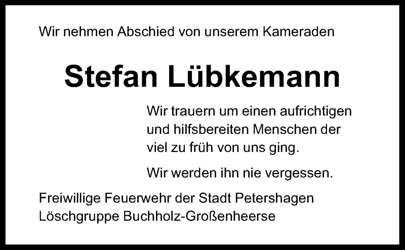  Traueranzeige für Stefan Lübkemann vom 13.02.2020 aus Mindener Tageblatt