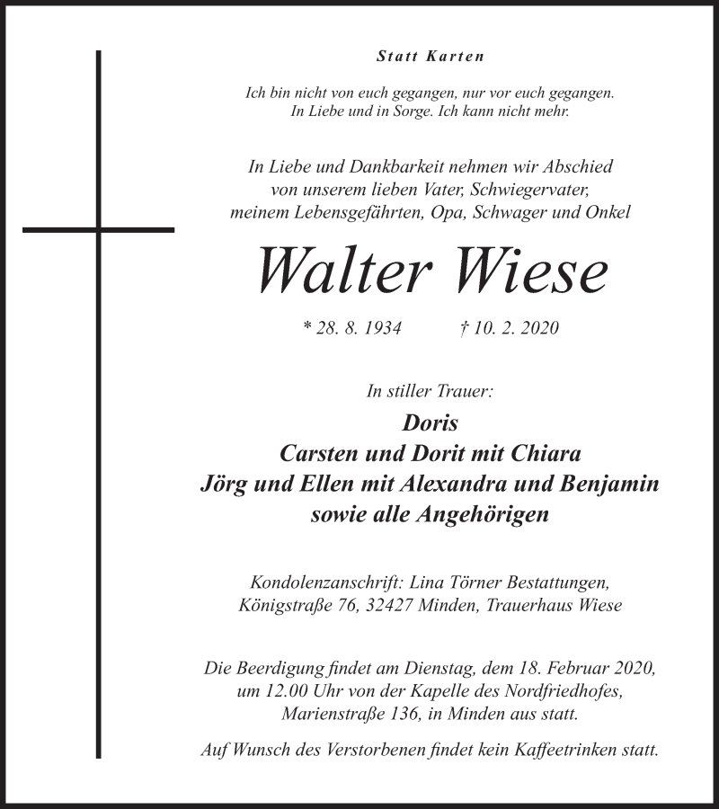  Traueranzeige für Walter Wiese vom 13.02.2020 aus Mindener Tageblatt