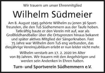 Anzeige von Wilhelm Südmeier von Mindener Tageblatt