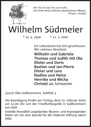 Anzeige von Wilhelm Südmeier von Mindener Tageblatt