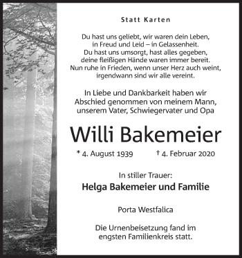 Anzeige von Willi Bakemeier von Mindener Tageblatt
