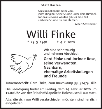 Anzeige von Willi Finke von Mindener Tageblatt