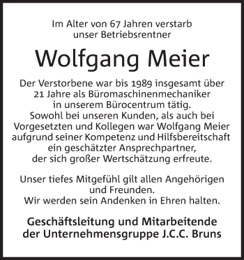 Anzeige von Wolfgang Meier von Mindener Tageblatt
