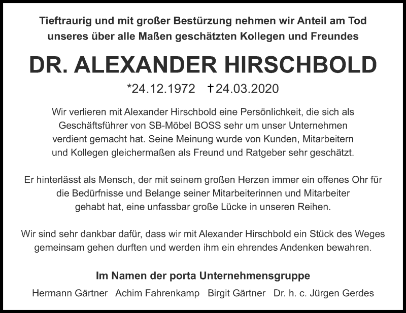  Traueranzeige für Alexander Hirschbold vom 28.03.2020 aus Mindener Tageblatt