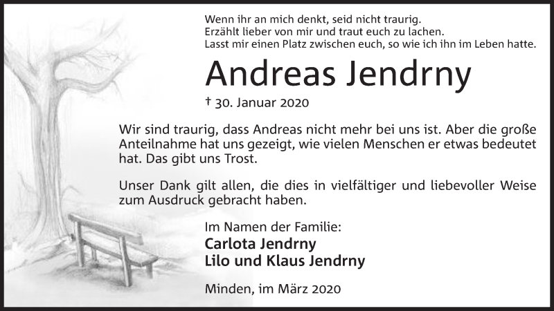  Traueranzeige für Andreas Jendrny vom 07.03.2020 aus Mindener Tageblatt