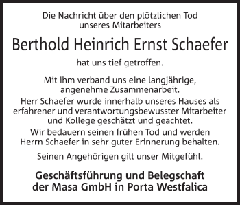 Anzeige von Berthold Heinrich Ernst Schaefer von Mindener Tageblatt