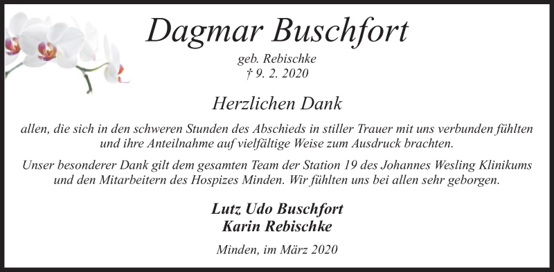  Traueranzeige für Dagmar Buschfort vom 07.03.2020 aus Mindener Tageblatt