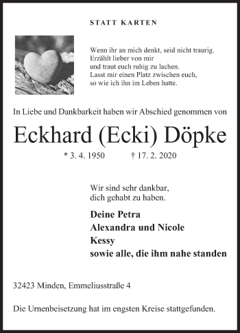 Anzeige von Eckhard Döpke von Mindener Tageblatt