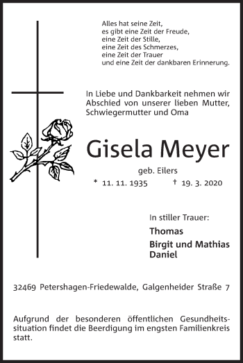 Anzeige von Giesela Meyer von Mindener Tageblatt