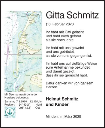 Anzeige von Gitta Schmitz von Mindener Tageblatt