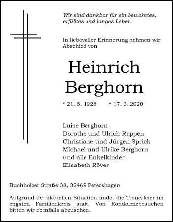 Anzeige von Heinrich Berghorn von Mindener Tageblatt