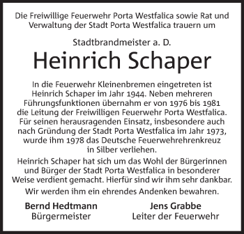 Anzeige von Heinrich Schaper von Mindener Tageblatt